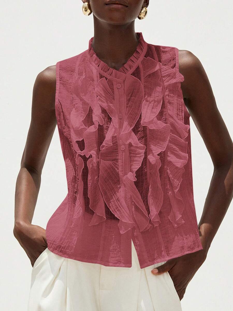 Aveloria Modichic Áo không tay kiểu Pháp thanh lịch, lãng mạn, đa năng dành cho nữ, màu trắng, chất liệu voan mỏng, có họa tiết nhăn, cổ áo xếp tầng nhiều lớp. - Màu Hồng baby - Xem 1