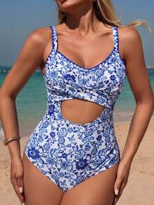 Swim Lushoire Women's Random Print Crisscross Hollow Out Shell Crochet Trim One-Piece Swimsuit, Spring/Summer - Multicolor - View 3