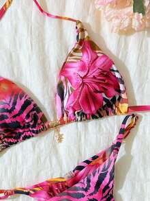 Swim Mod Springbreak Women Beachwear Summer Outfits, Random Print Halter Metal Decor Sexy Bikini Set - Multicolor - View 6