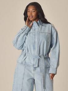 MUSERA Plus Size High Neck Zip Through Waist Tie Denim Jacket Spring Summer Cute Cosy Cottage Core Spring Dew - Blue - View 1