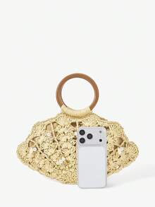 Maija 女士手提包，草编包，珍珠装饰，海洋主题饰品，时尚，优雅，简约，个性，百搭，适合海滩、度假、假日、夏季、海边、沙滩派对 - 米色 - 查看 5