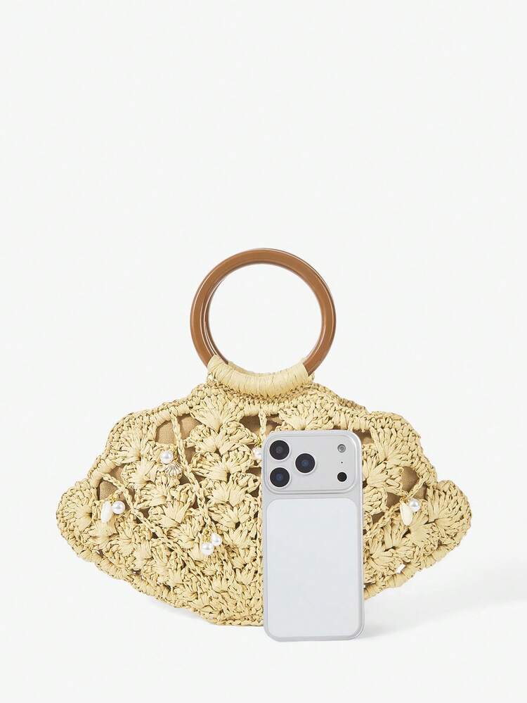 Maija Ladies, Women Top Handle Bags, Straw Bag, Straw Woven Bag, Pearls, Marine-Themed Ornaments, Fashionable, Elegant, Simple, Personality, Versatile, For Beach, Vacation, Holiday, Summer, Seaside, Beach Party - Beige - View 5