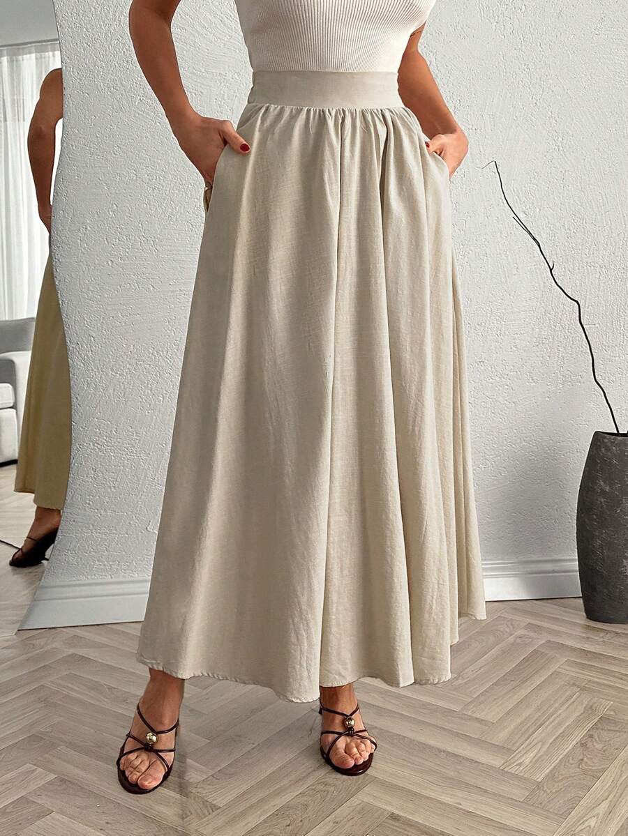 Women's Casual Flared Blue Maxi Dress With Pockets, Non-Stretchy Fabric - Beige - View 1