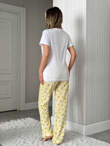 SHEIN Cotton 2pcs Women Limon Print Short And Limoncello Print Top Homewear Pajama Set - Yellow - View 2