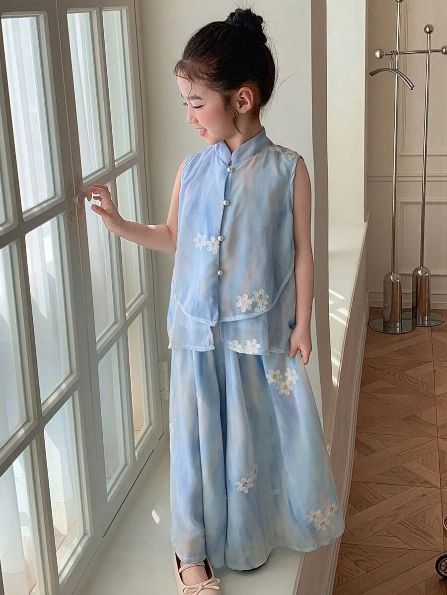 DAZY Bộ quần áo mùa thu cho bé gái, áo không tay thêu và quần short 2 món thời trang cho bé gái. - Màu xanh lam - Xem 1