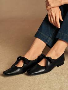 Rosivie 法式方头蝴蝶结玛丽珍鞋复古女鞋真皮平底低帮小皮鞋时尚奶奶鞋 - 黑色 - 查看 2