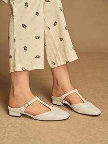 Rosivie Sandalias de mujer tipo Mary Jane de punta cuadrada, nuevas y cómodas, moda versátil de mujer con cierre de botón en T y fácil de poner - Blanco roto - Ver 6