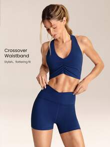 GLOWMODE FeatherFit™ 助力运动，如黄油般柔软，吸汗速干，弹力十足，可拆卸胸垫，前部褶皱设计，露背运动文胸搭配 4.3 英寸交叉腰带 Y 型臀部缝线骑行短裤，适合低强度健身房锻炼、骑行、跑步和日常休闲穿着。 - Dark Blue - 查看 5