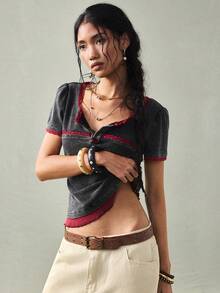 SoleilVie 女士休闲针织撞色蕾丝短袖修身T恤 - 黑色 - 查看 4