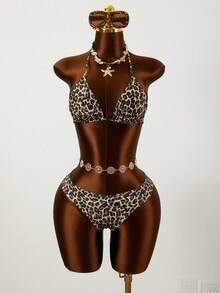 Zestiva 3pcs/Set Women's Spaghetti Strap Floral Mesh Beach Dress & Bikini Set Leopard Print Bathing Suit Women Leopard Swimsuit Leopard Bikini Cheetah Print Bikini Leopard Set - Multicolor - View 7