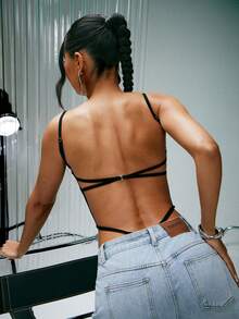 Denimoi 性感露背连体衣 高衩连体衣 绑带露背连体衣 演唱会 GNO 夜店性感上衣 - 黑色 - 查看 1