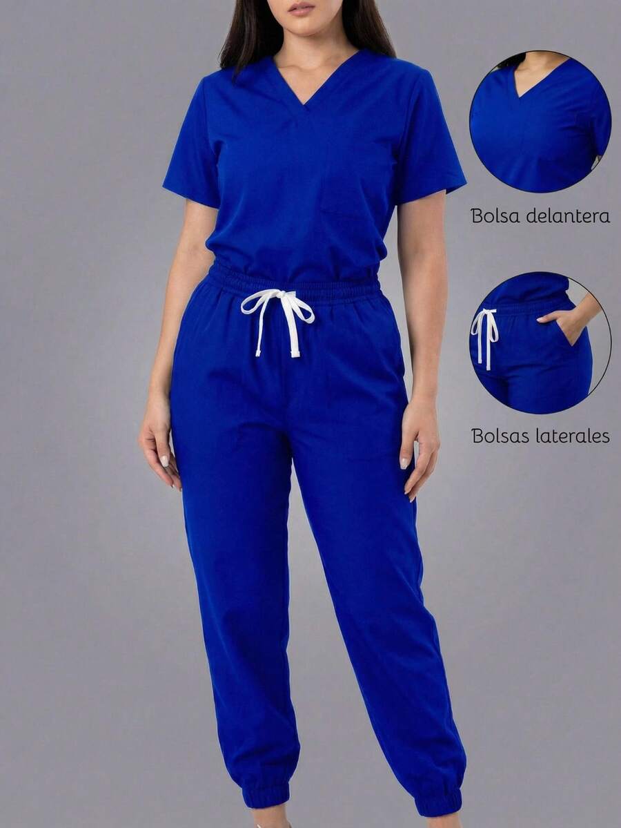 Set Surgical Uniform Set 2 Pieces Lady Woman Sleeve Short Neck V Pants Jogger Spring Comfy Drawstring - Blue - View 1