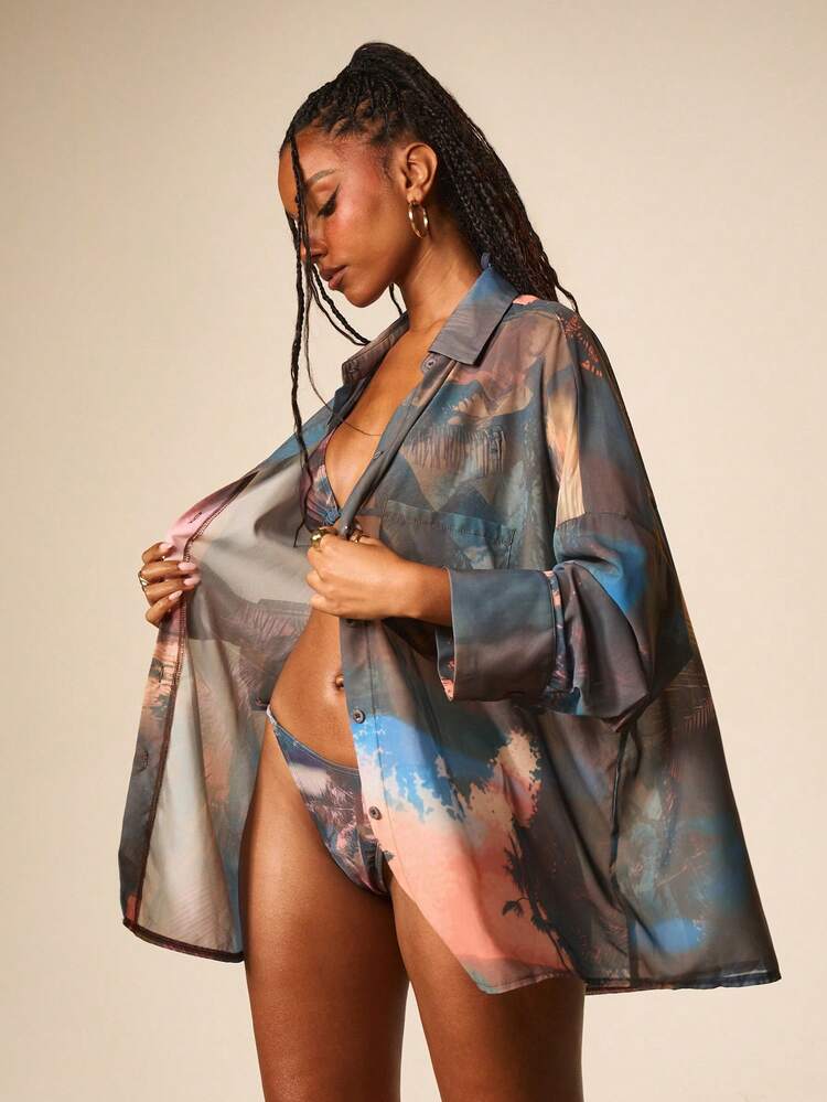 MISSGUIDED Tropical Print Sheer Button Down Beach Cover Up Shirt With Oversized Fit And Relaxed Long Sleeves For Summer Vacation Beachwear