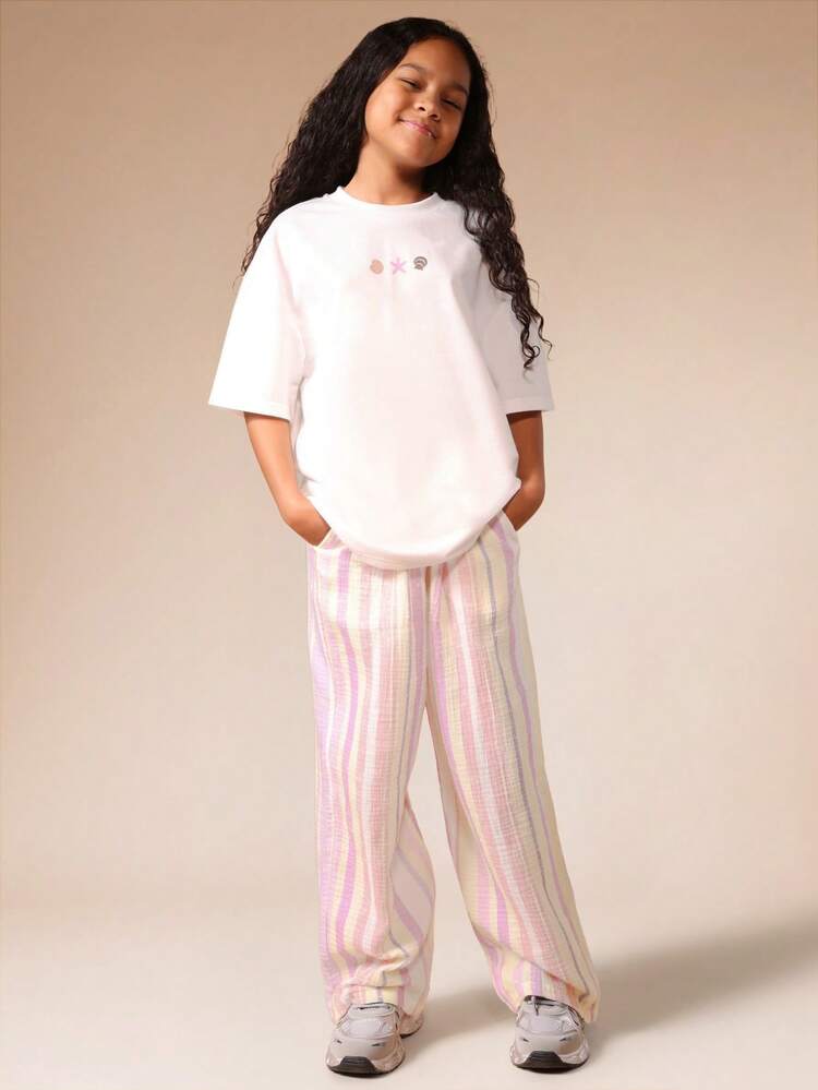 Tween Girls Oversized T-Shirt And Wide Leg Striped Pants Co-Ord Set With Seashell Print Good Energy Club Design