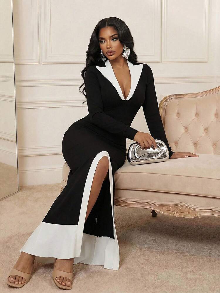 Anewsta Spring & Summer Black & White Minimalist Waist-Cinched Bodycon Casual Urban Chic Women Long Sleeve Low Neck Dress Sexy Elegant Dress Tuxedo Dress Women High Slit Dress Black And White Dress Women