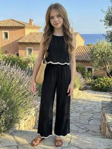 SHEIN 2件套少女碎花圆领休闲吊带背心和裤子套装 - 藍色 - 查看 5