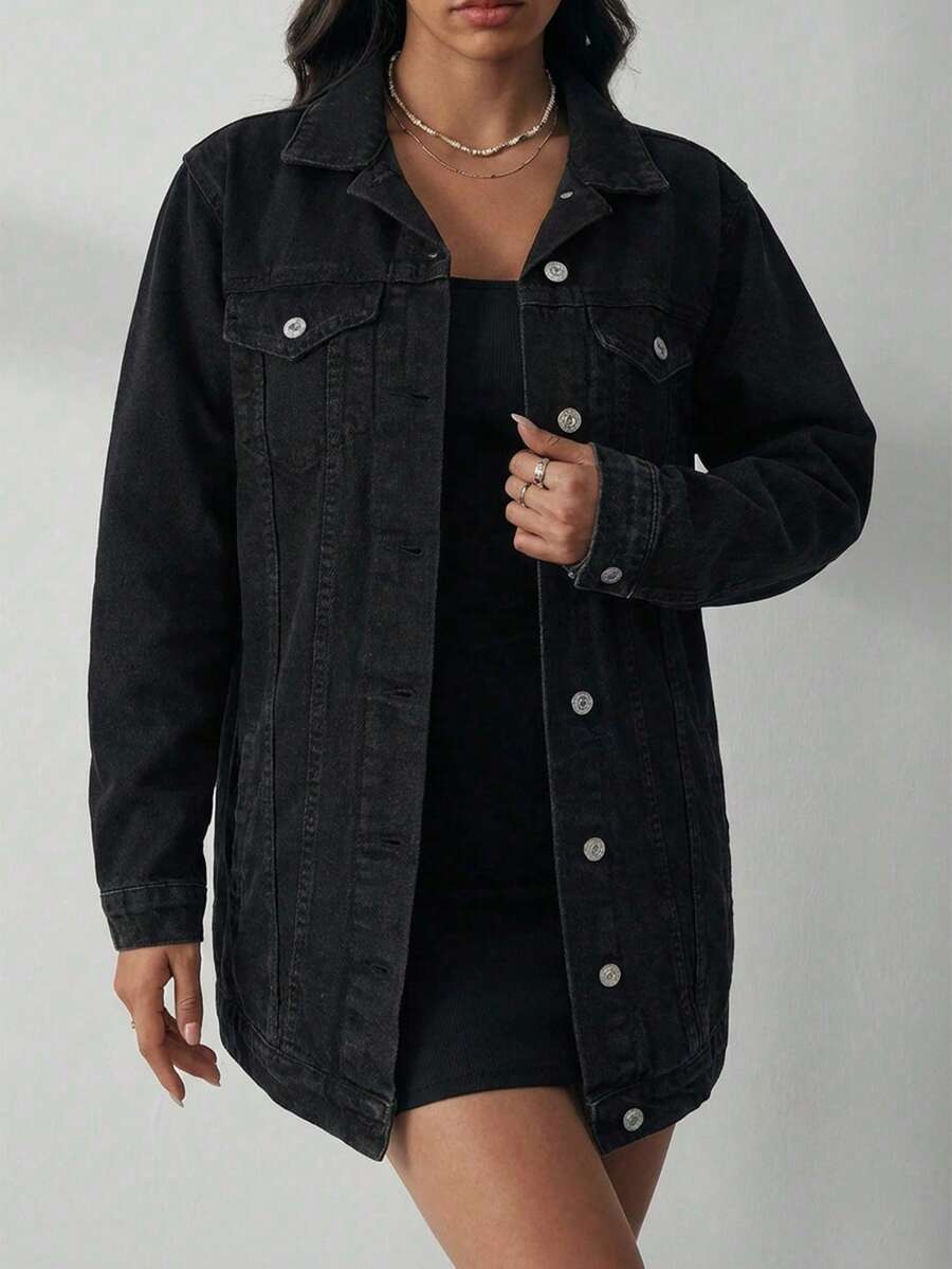 EURMUSE 100%Cotton Flap Pocket Button Front Denim Coat - Black - View 1