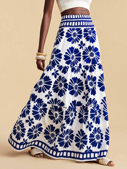 Travachic Women's Floral Print High Waist Ruffle Hem Casual Skirt