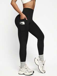 Velisys 2pcs Women's Solid Black & Leopard Print Compression Leggings, Ankle Length, Side Pockets, Suitable For Daily Casual Wear, Running, Yoga, Gym, Tennis, Golf - Black - View 4