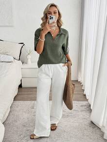 SHEIN LUNE Women's Casual Mid-Sleeve Shirt With Ring Decor, Suitable For Daily Wear And Vacation - Army Green - View 4