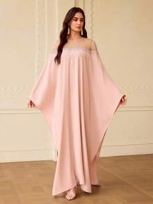 ZEYLAH Women's Contrast Mesh Batwing Sleeve Loose Elegant Arabic Style Dress - Pink - View 2