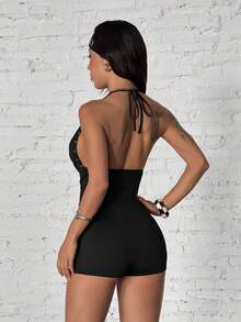 StreetHx Women's Fashionable Black Knit Plunging Neck Metal Beaded Jumpsuit - Black - View 2