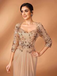 Serin Váy đuôi cá sang trọng, thanh lịch với chất liệu ren đính cườm và lưới co giãn, xếp ly, tay áo voan mỏng, thích hợp cho đám cưới, tiệc tùng, lễ hội, cô dâu, hoặc váy dạ hội cho mẹ cô dâu. - Rượu sâm banh - Xem 6