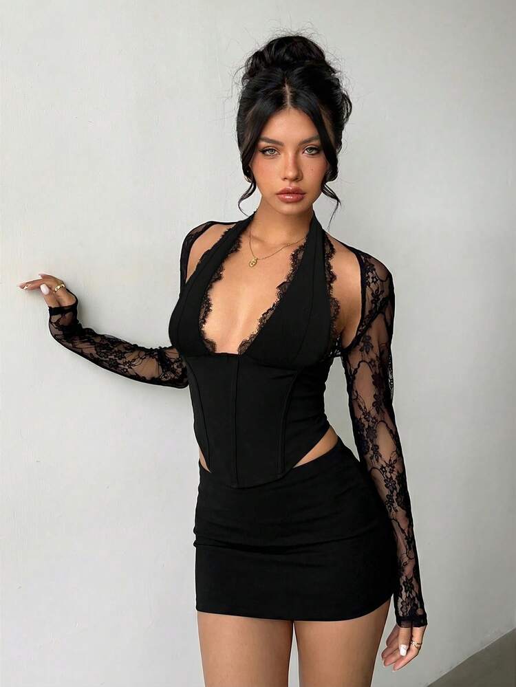 Aloruh 女士春夏新款黄色优雅性感时尚纯浪漫约会海滩度假钩编蕾丝镂空露背吊带露脐上衣和低腰长裙两件套 - 黑色 - 查看 6