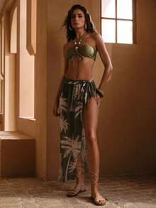 Swim Oasis New Colorful Beaded Textured Solid Color Halter Neck Swimwear Top And High Waist Printed Mesh Beach Skirt Premium Quality Swimwear Set - Multicolor - View 8