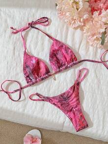 Elavelle Bộ bikini gợi cảm cổ yếm in họa tiết ngẫu nhiên dành cho nữ, trang phục đi biển mùa hè. - Nhiều màu - Xem 2