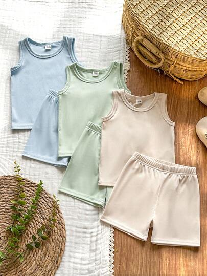 SHEIN Vintaside Kids 6-Pack Baby Boy Baby Boy Summer Outfit Set, Black, White, Striped Vest & Shorts, Comfortable Casual Versatile All-Match Clothing