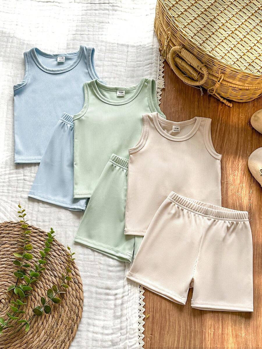 SHEIN Vintaside Kids 男婴夏季六件套服装,黑白条纹背心和短裤,舒适休闲百搭。 - 彩色 - 查看 1