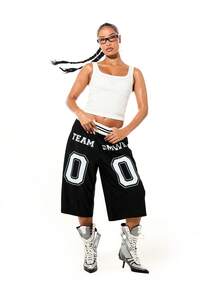 SUMWON WOMEN Black Graphic Jorts With Boxer Waistband Team Numbers Sports Inspired Wide Leg Knee Length Summer Casual Shorts, World Cup Sporty Game Streetwear - Black - View 7