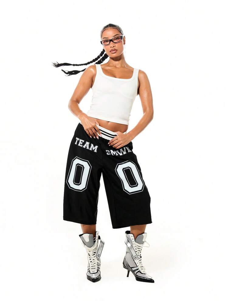 SUMWON WOMEN Black Graphic Wide Leg Jorts With Striped Waistband