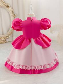 SHEIN Glamorique Kids Young Girl' Princess Dress,Satin Puff Sleeve Blush Pink Summer First Birthday Formal Dress With Pearl Ribbon,Gems,Lace Trim,Kids Party Wedding Outfits - Hot Pink - View 2