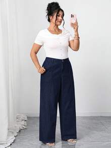 Elenzga Plus Size Women Elegant Comfortable Dark Blue Non-Stretch Flare Jeans - Dark Wash - View 8
