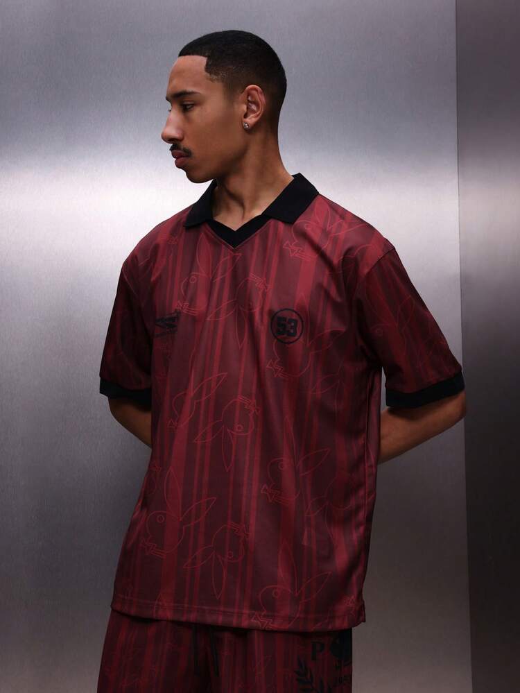 PLAYBOY X SUMWON Men's Burgundy All-Over Print Polo Shirt With Logo And Bunny Design Short Sleeve Regular Fit Collared Top With Button Placket