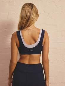 Aralina Leisurewear Active Women's Double Layer Contrast Colour Scooped Neck Detail Cropped Gym Workout Top - Blue - View 2