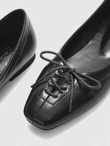 CUCCOO BIZCHIC Glossy Black Square Toe Lace-Up Flat Shoes, Practical & Minimalist Design, Versatile For Work Commute Spring Shoes - Black - View 7