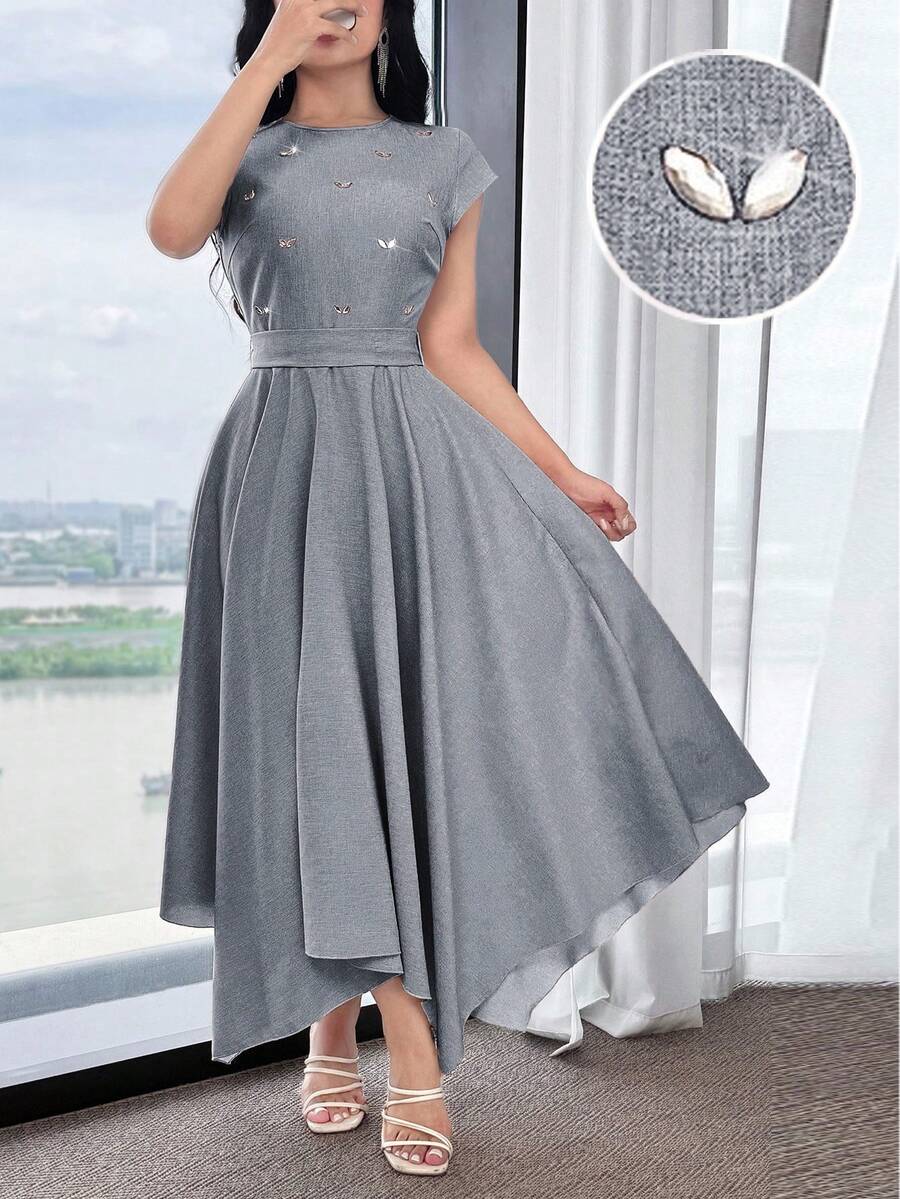 Feyla Women's Rhinestone Decor Asymmetric Hem Elegant Dress - Blue - View 1
