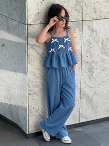 SHEIN LMoss Kids 两件套女童纯色梭织吊带背心和长裤套装 - 黑與白 - 查看 4