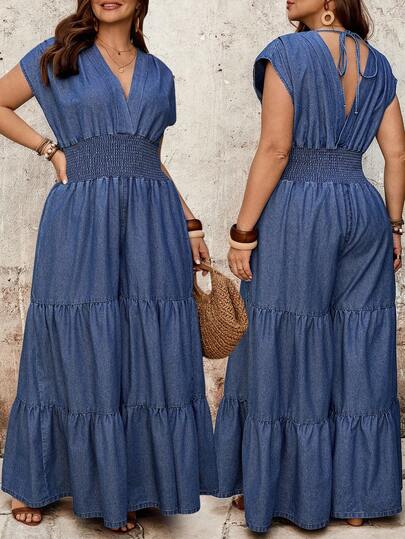 EMERY ROSE Mono de mezclilla casual con cuello en V y drapeado para mujer de talla grande, ideal para vacaciones y citas