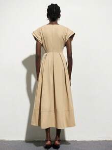 Aveloria Modichic Oversized Padded Shoulder Cap Sleeve Cinched Waist Pleated Dress, Beige Tone Long Dress For Women - Khaki - View 2