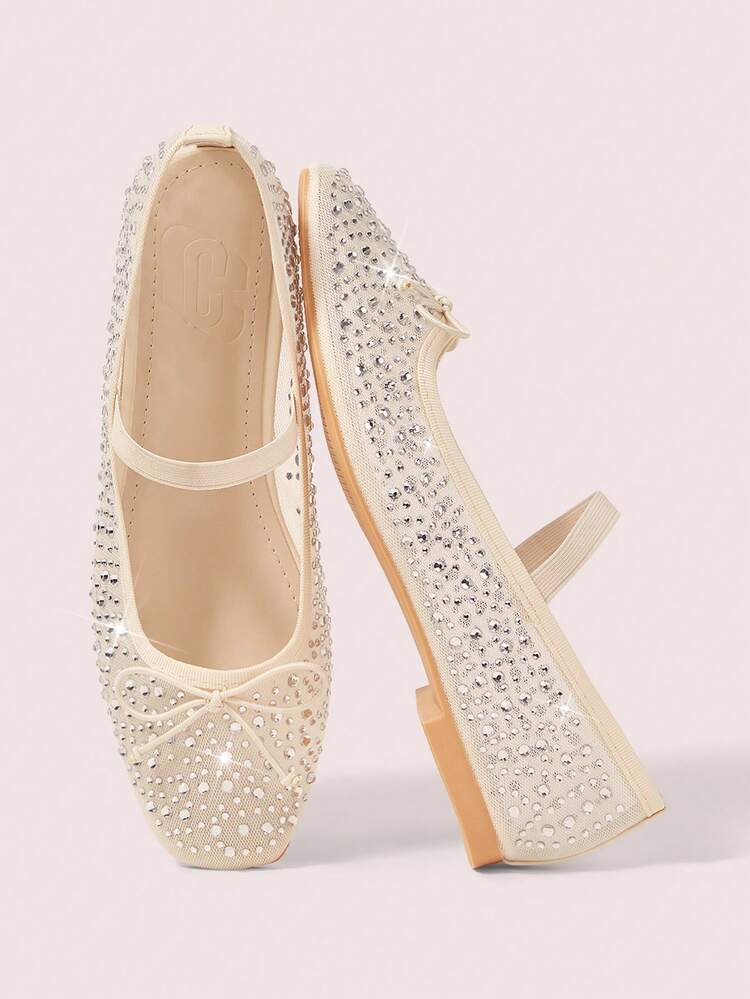 CUCCOO DOLLMOD Women Shoes Spring And Summer Fashion Beige Full Diamond Mesh Yarn Small Bow Elastic Band Women's Flat Shoes Elegant Comfortable Breathable Cute Sweet Mary Jane Flat Women's Shoes Spring Shoes