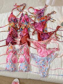 Swim Mod Bộ bikini gợi cảm cổ yếm in họa tiết ngẫu nhiên dành cho nữ, trang phục đi biển mùa hè. - Nhiều màu - Xem 1