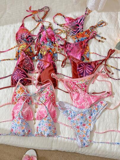 Swim Mod Springbreak 女士随机印花露背金属装饰性感比基尼泳衣套装，夏季沙滩装