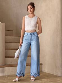 Selenza Women's Casual Everyday Denim Jeans With Pockets And Floral Embroidery Design - Blue - View 7