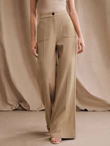 Anewsta 新款时尚休闲通勤多功能口袋喇叭裤脚优雅女士西装裤 - 卡其色 - 查看 3