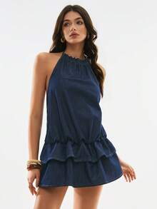 Poéselle Women's Ruffled Hem Halter Neck Denim Dress - Dark Wash - View 7