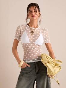Easelle White Polka Dot Mesh Round Neck Short Sleeve Blouse For Women,Summer Trashy Y2K Boho Chic Top,Holiday Vacation Beach Music Festival Party Outfits - Army Green - View 4